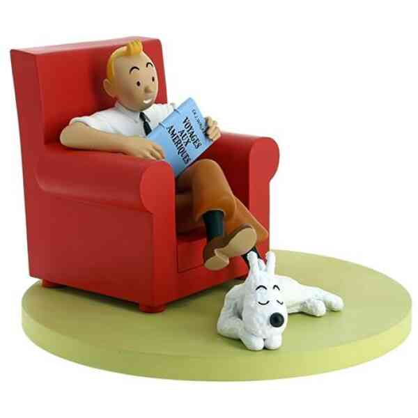 Tintin och Milou i röd stol - Staty i resin - H17 cm
