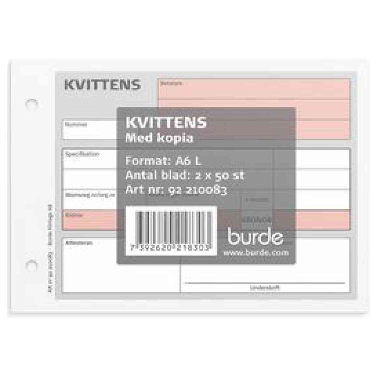 Blankett kvittens A6L m. 1 kopia 2x50 bl