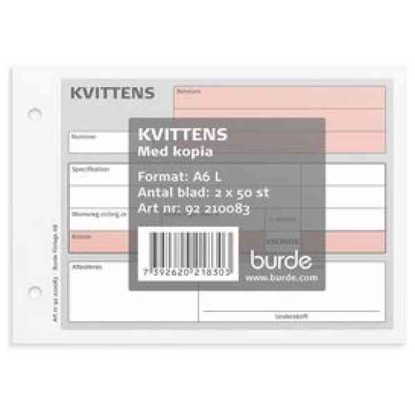 Blankett kvittens A6L m. 1 kopia 2x50 bl