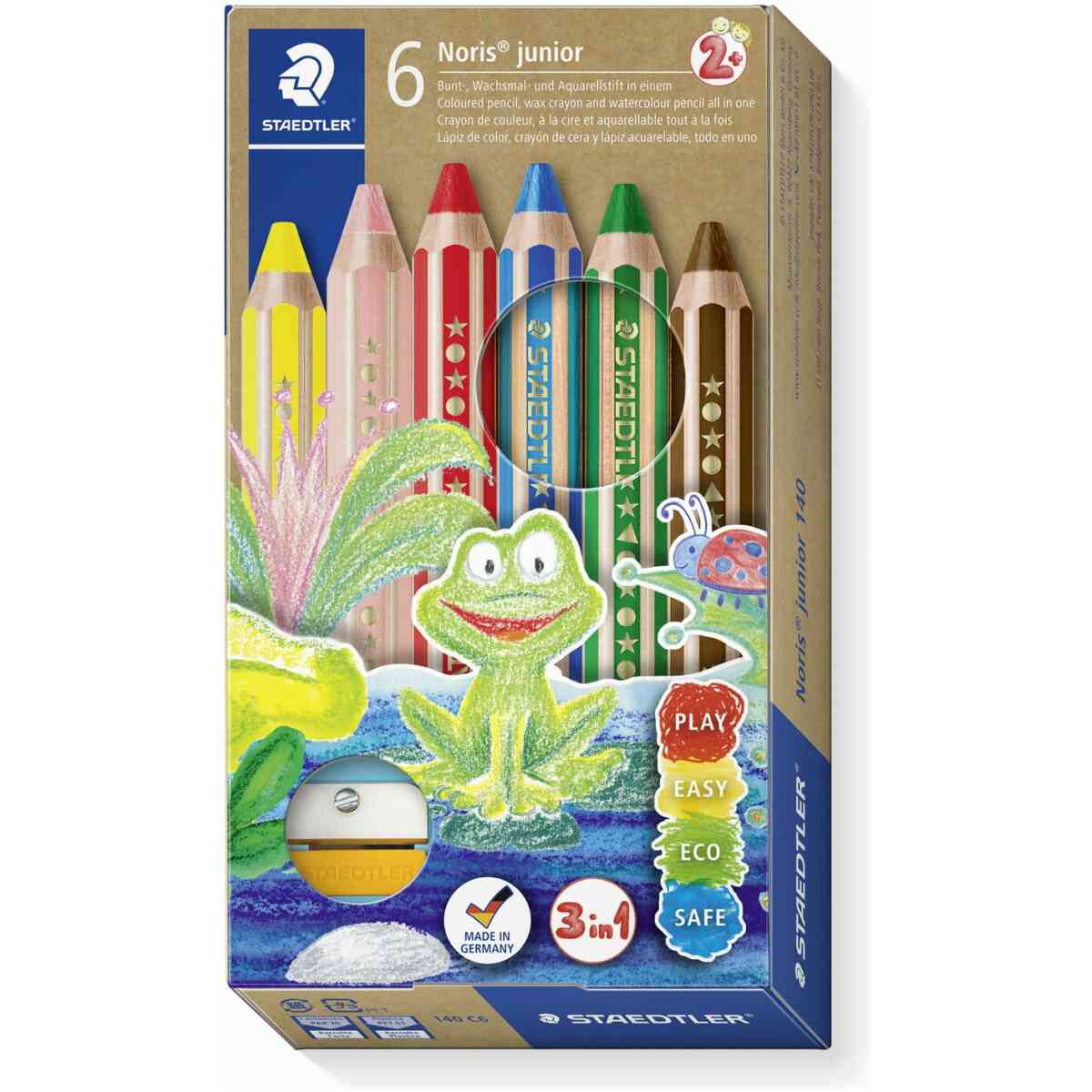 Noris® junior 140 - Cardboard box containing 6 coloured pencils in assorted colours and 1 sharpener
