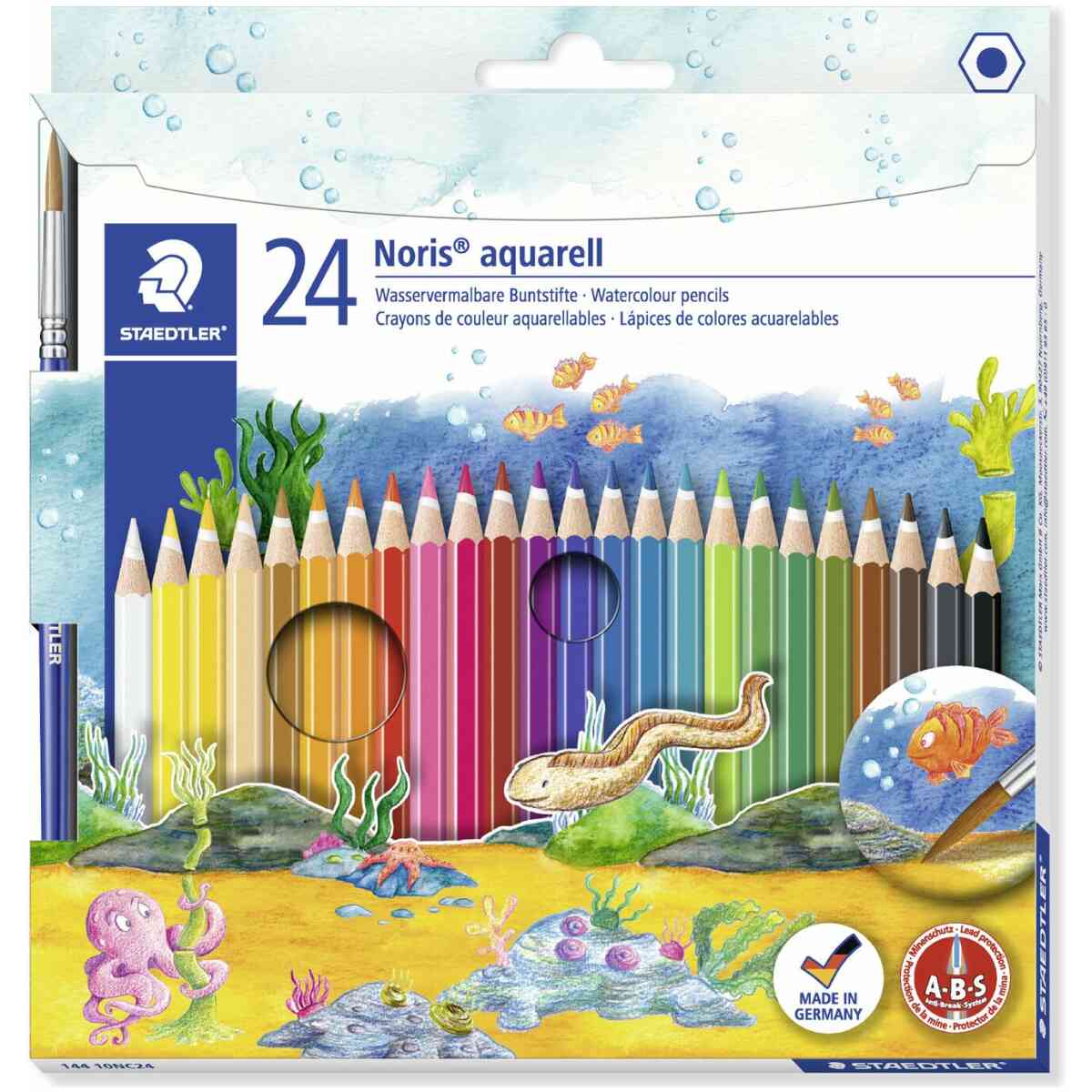 Noris® aquarell 144 10 - Cardboard box containing 24 watercolour pencils in assorted colours and 1 paint brush