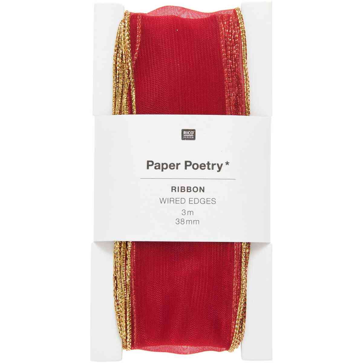 Organza Ribbon with Wired Edge, Red/Gold, 38 mm x 3 m