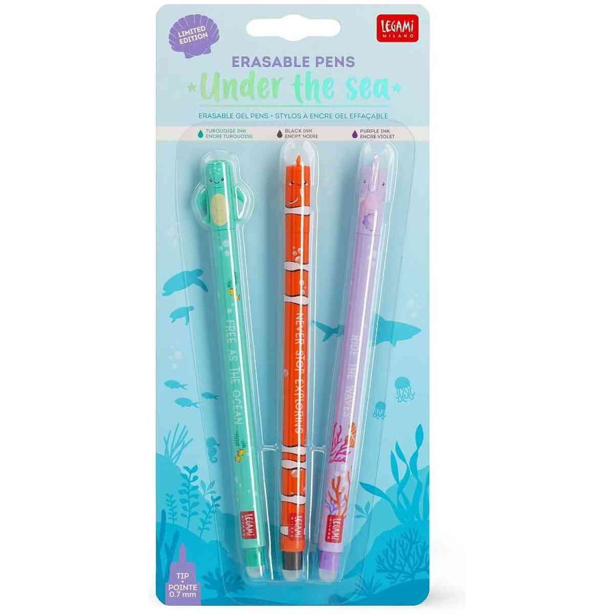 Erasable gel pen, 3-pack, Under the sea, Sköldpadda/Clownfisk/Sjöhäst, gelpennor med utsuddbart bläck