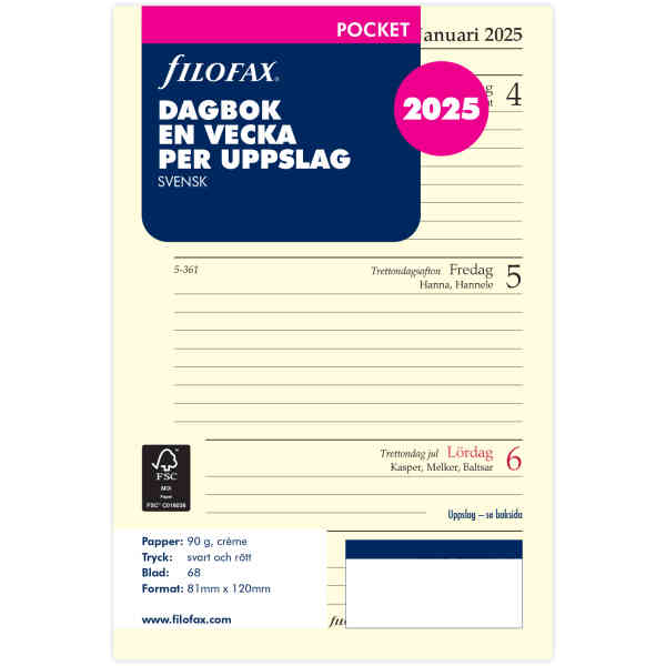 Dagbok Pocket 2025 Vecka Per Uppslag Svensk