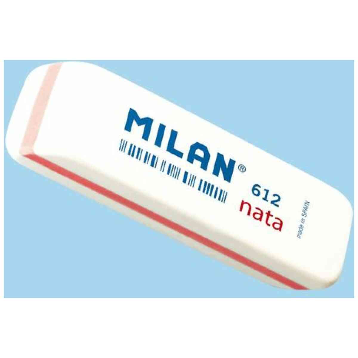 Vit plast nata® suddgummi med sned kant från MILAN. Smidig, mångsidig och skonsam. Fungerar på alla ytor och skadar inte papperet. Levereras i kartong med 12 suddgummi. Mått radergummi: 7,8 x 2,3 x 1,2 cm. MILAN suddgummi har tillverkats i Spanien sedan 1918. - Bild 2