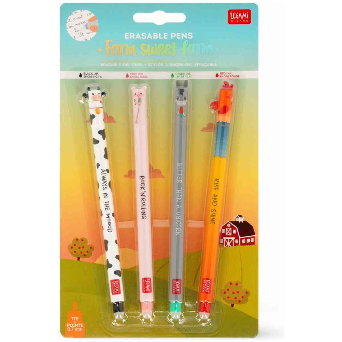 Erasable gel pen, 4-pack, Farm sweet farm, Ko/Gris/Åsna/Tupp