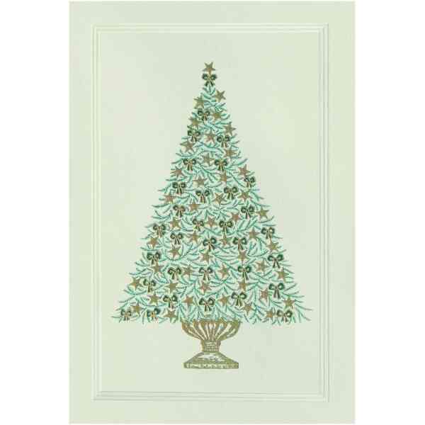 Engraved Cards The Fir Tree with Stars green+gold on Cream 23/2X17