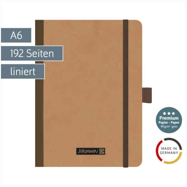 Premium FACT!plus Notebook | A6, lined, elastic closure, brown