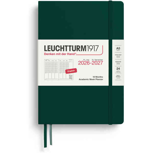 Kalender 2026-27 Leuchtturm1917 A5 vecka vertikal Forest Green Academic Week Planner Medium (A5) 2027, 18 Months, Forest Green, English