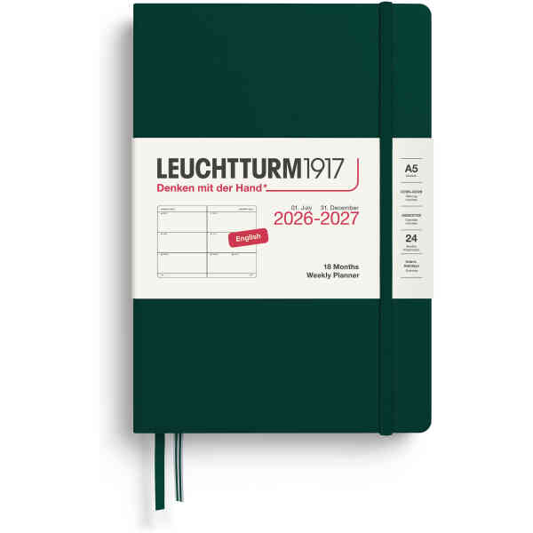 Kalender 2026-27 Leuchtturm1917 A5 vecka/uppslag Forest Green Weekly Planner Medium (A5) 2027, 18 Months, Forest Green, English