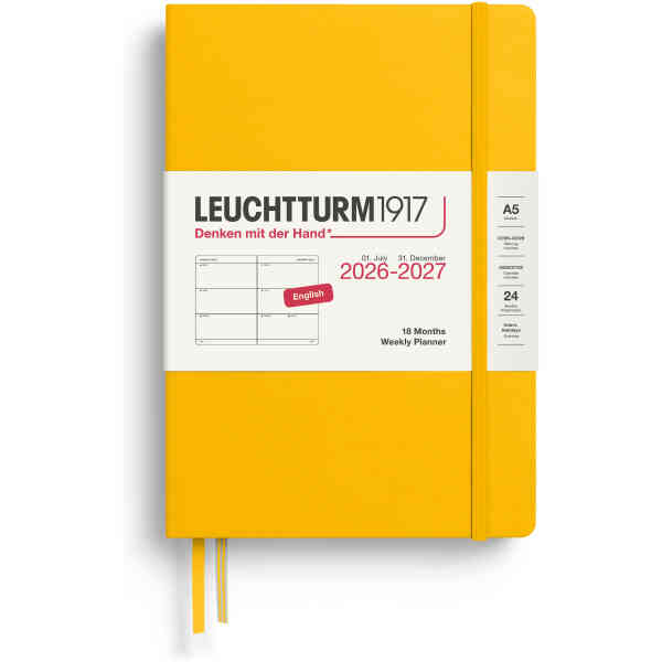 Kalender 2026-27 Leuchtturm1917 A5 vecka/uppslag Sunflower Weekly Planner Medium (A5) 2027, 18 Months, Sunflower, English