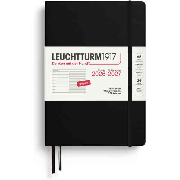 Kalender 2026-27 Leuchtturm1917 A5 vecka/notes Black Weekly Planner & Notebook Medium (A5) 2027, 18 Months, Black, English