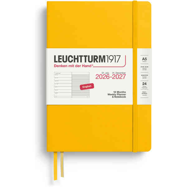 Kalender 2026-27 Leuchtturm1917 A5 vecka/notes Sunflower Weekly Planner & Notebook Medium (A5) 2027, 18 Months, Sunflower, English