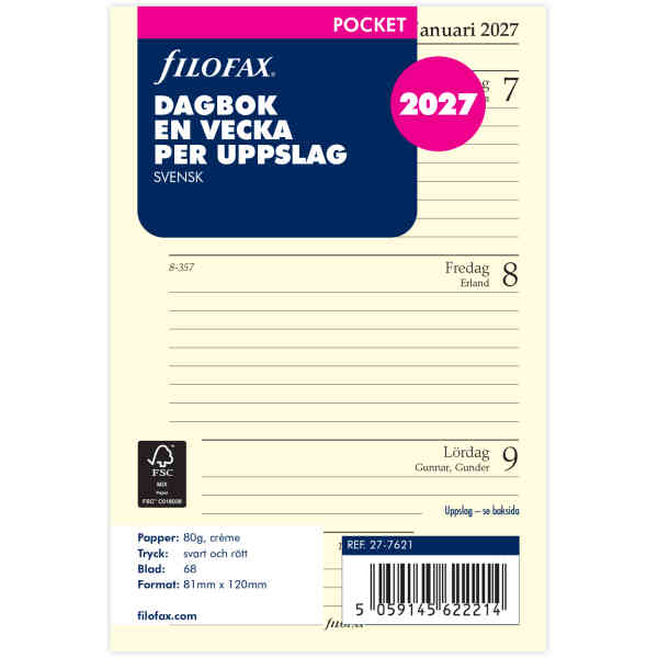 Dagbok Pocket 2027 Vecka Per Uppslag Svensk
