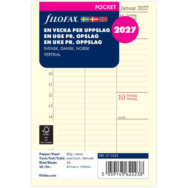 Dagbok Pocket 2027 Vecka Per Uppslag Vertikal Svensk/Dansk/Norsk