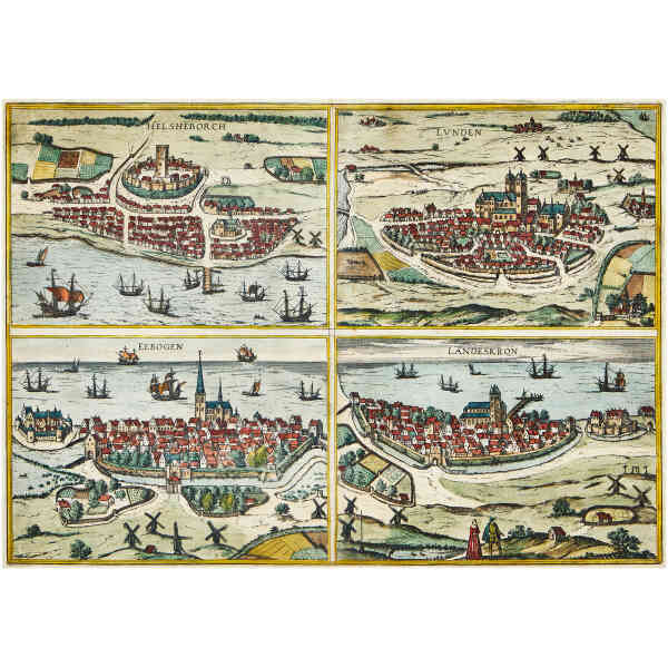 Vykort Karta över Malmö, Lund, Landskrona och Helsingborg, Braun & Hogenberg ca 1590