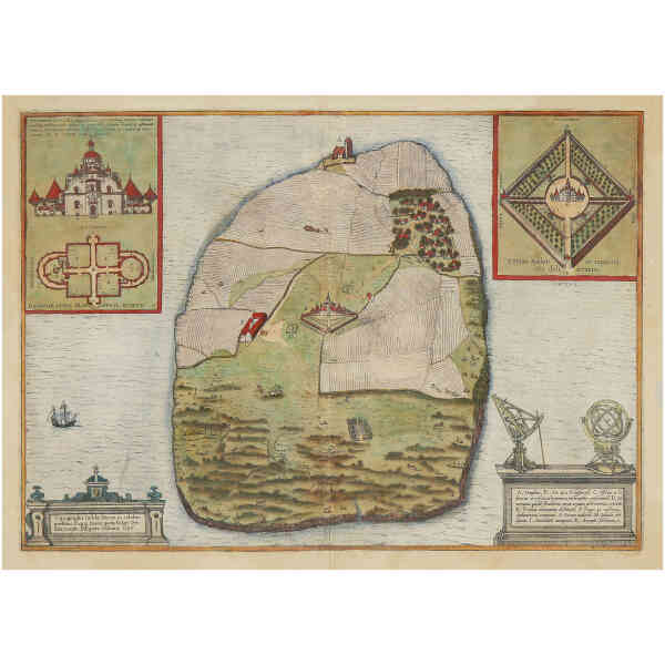 Vykort karta över Hven, Braun & Hogenberg ca 1590