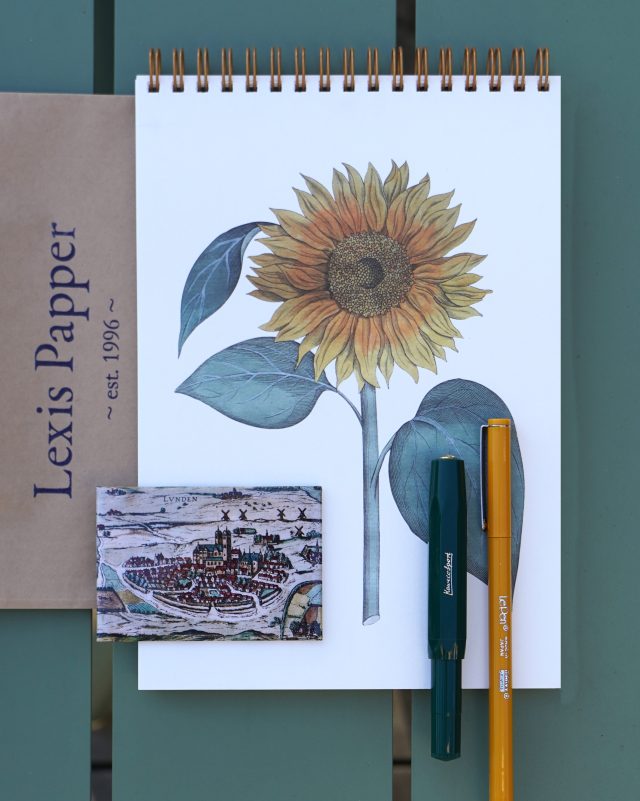 En sensommarkomposition med ett spiralbundet A5-block med solros, en magnet med Lundakarta, en Kaweco Sport Green reservoarpenna och slutligen en japansk fiberspetspenna från Le Pen. 🍁🍂

#lexispapper #lundcity #pappershandel #kawecosport