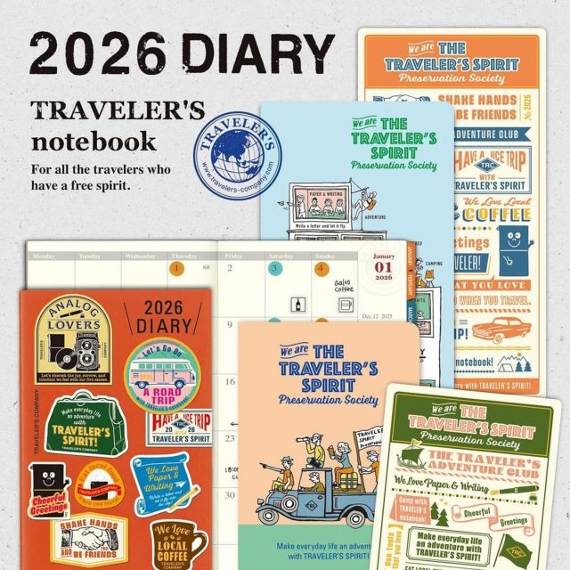 Traveler’s Notebooks kalendrar för 2026 finns nu för förbeställning i vår webshop! De levereras i mitten av oktober och 2026 års tema är ”The Traveler’s Spirit”. ❤️ Du hittar dem lättast genom länken Pre-order som finns i menyn. 

#travelersnotebooks #travelerscompany #lexispapper #lundcity #visitlund 

We hereby declare the establishment of the TRAVELER’S SPIRIT Preservation Society.
We love to travel, smile when we are on the road, and talk with the locals. We taste the local cuisine and cherish the culture. We love paper and writing, and when we write a letter, we want to fly it into the sky and let it deliver slowly like a paper airplane. We write our travel memories in a notebook, and we keep those impressions in our hearts.

We love paper books and records, and use tools made by skilled craftsmen. We fill our stomachs with the simple taste of a family-run diner, and we savor coffee roasted by a solitary roaster.

We enjoy the excitement of the moment a journey begins, whether by plane, car, or train. The atmosphere of a slow, human-powered journey. It is our pleasure to travel somewhere far away.

We love solitude, yet we talk about what we like with the friends we meet on our travels, while respecting each other’s likes and differences. That is the TRAVELER’S SPIRIT. And when you set out on a journey with TRAVELER’S notebook in your hand, you are a member of the TRAVELER’S SPIRIT Preservation Society.

Have a nice trip with TRAVELER’S SPIRIT in 2026.