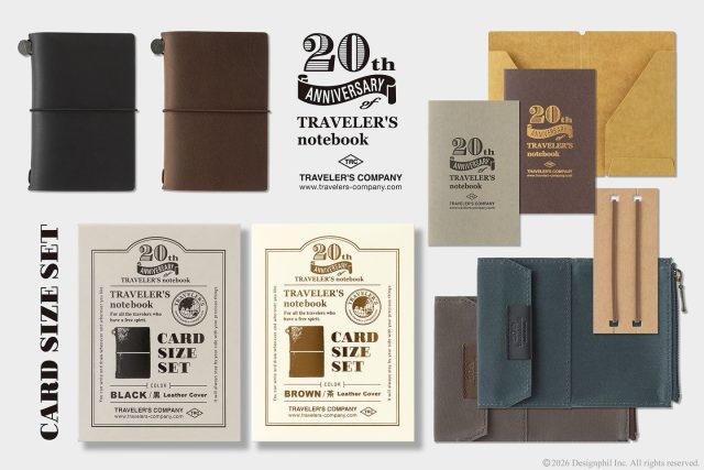 TRAVELER’S notebook Card Size 20th Anniversary Set

Presale from March 5th, 9.00 at Lexis Papper
Available from April 23rd, 2026 at Lexis Papper

Thanks to you, TRAVELER’S notebook has reached its 20th anniversary. We can still vividly recall the feeling when we first held a TRAVELER’S notebook 20 years ago — a sense that something was about to begin. Since then, as if guided by this notebook, we’ve met countless people, and the friends we’ve made have helped expand the world of TRAVELER’S notebook. First and foremost, we would like to express our gratitude to everyone who has held this notebook in their hands. And even now, 20 years later, the sense of adventure TRAVELER’S notebook brings has not faded; it continues to invite us on new journeys. To commemorate this 20th anniversary, we’ve created a new size of TRAVELER’S notebook.

It is TRAVELER’S notebook Card Size. This TRAVELER’S notebook is always with you, even in your daily life. Whether it’s a sudden idea, information you learned or overheard, or something important you don’t want to forget— whenever and wherever you feel like writing, you can quickly grab the notebook and jot it down. This set includes TRAVELER’S notebook Card Size, Refill Notebooks, Cotton Zipper Case, Kraft Paper Folder, and Connecting Rubber Band. By setting these into the leather cover, you can use it as a compact wallet, a business card holder, a card case, or a mini-sized pouch. Keep your essentials together and carry them with your notebook.

The moment you hold TRAVELER’S notebook, you become a traveler. Keep the Card Size with you always and live each day as if you were traveling.

*Since these items are all limited in quantity, please note that it may be sold out.
**After the 20th Anniversary Set sales end, Card-Sized refills will be available for purchase at TRAVELER’S FACTORY, TRAVELER’S COMPANY USA.
